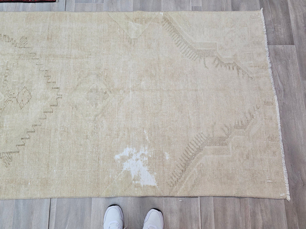 Hand Knotted Wool Turkish Runner Rug: Beige Brown Oushak, 4x12.5 ft