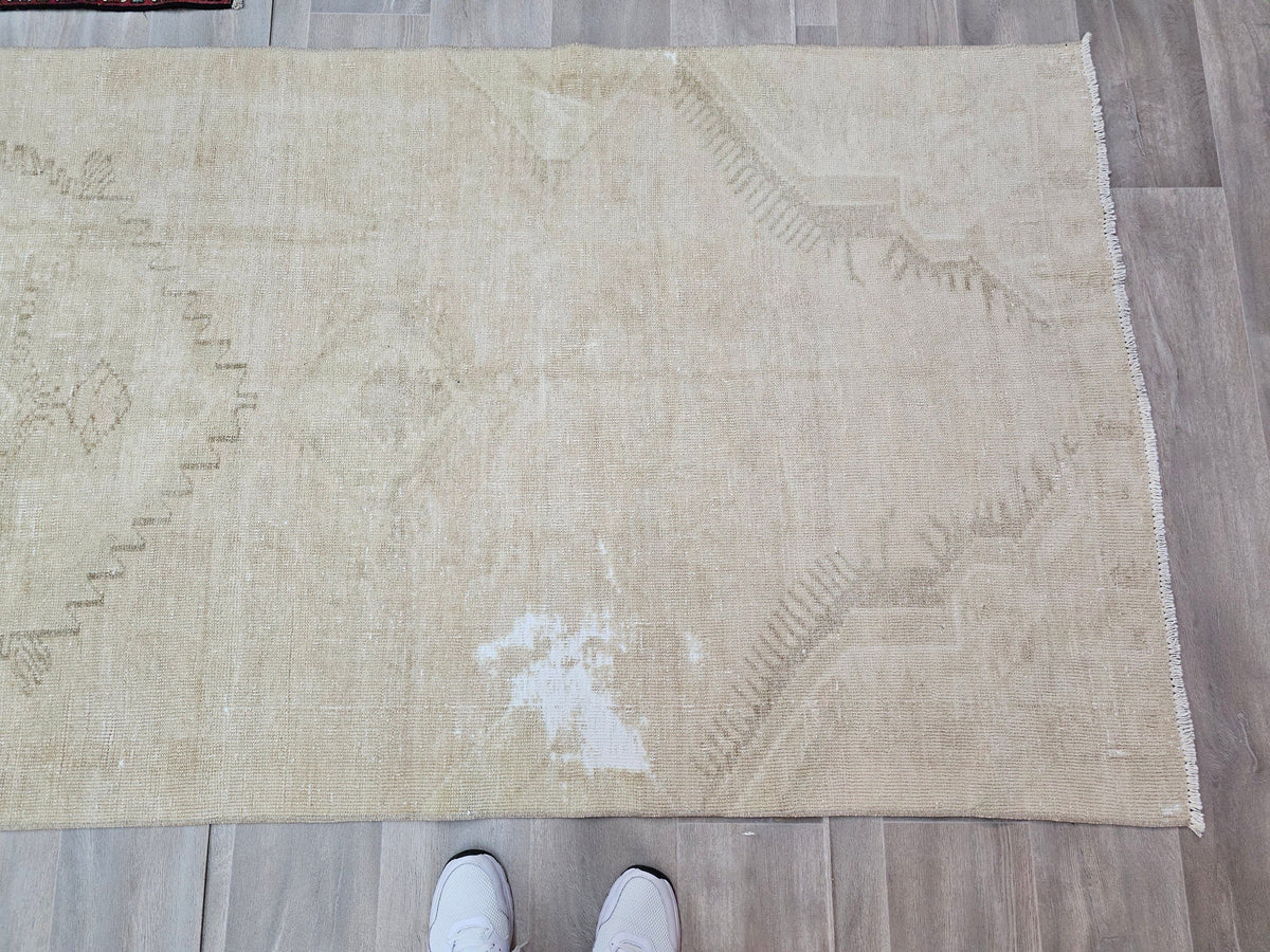 Hand Knotted Wool Turkish Runner Rug: Beige Brown Oushak, 4x12.5 ft