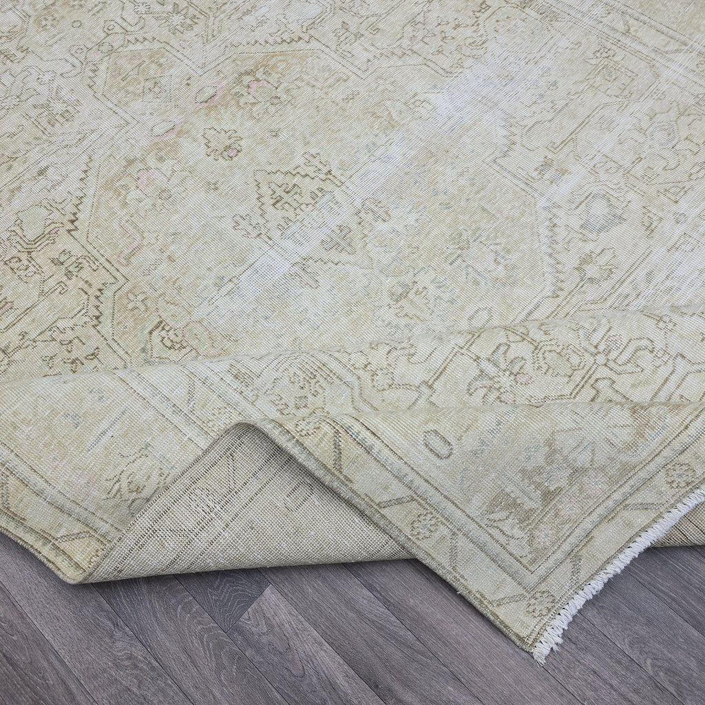 Oushak Rug 8x11: Neutral Vintage Turkish Wool Handmade Carpet, Beige Brown Geometric