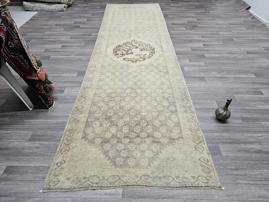 Hand Knotted Wool Oushak Runner: 4x13 Neutral Turkish Vintage Rug