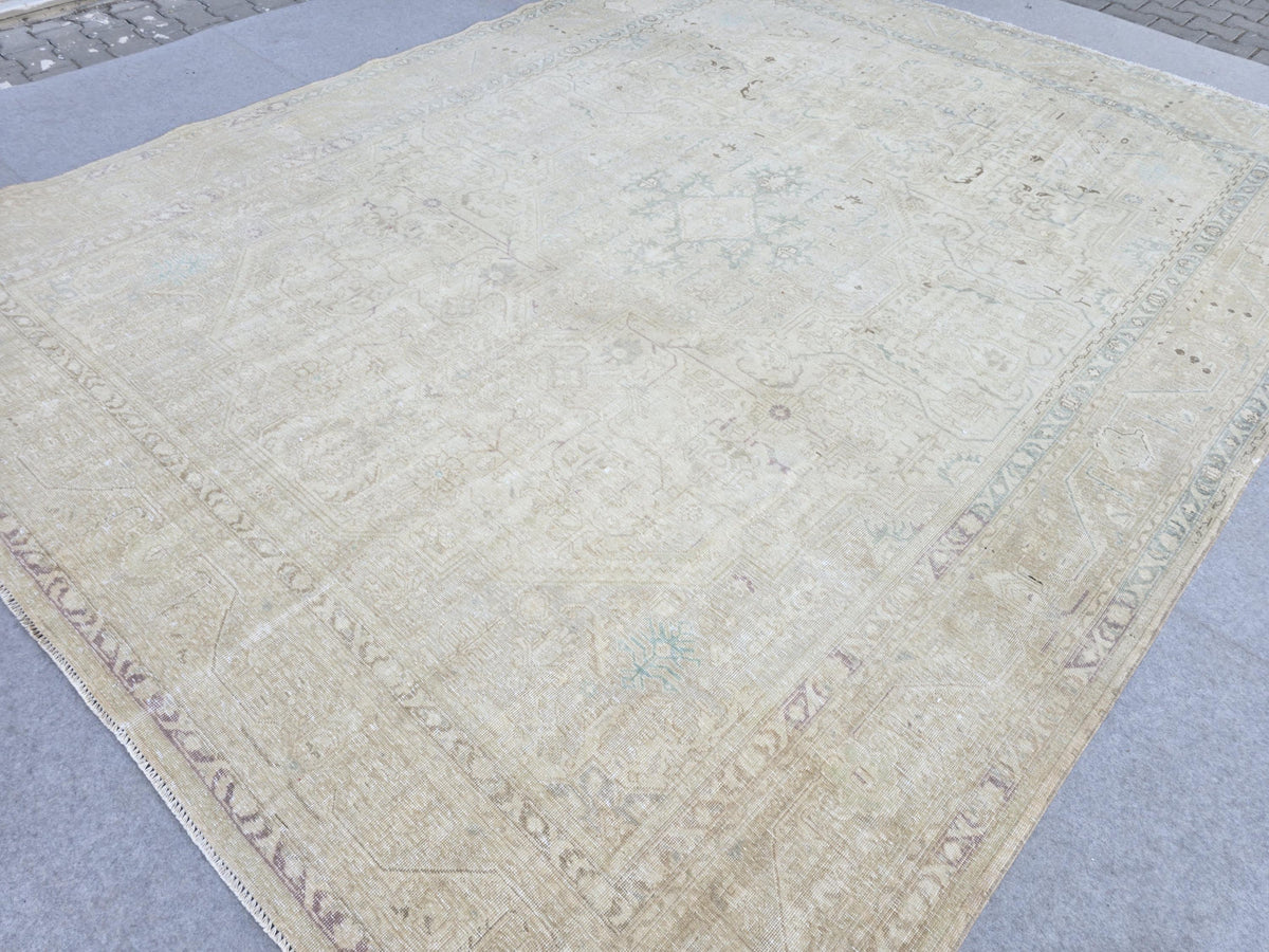 Turkish Rug 10x12, Faded Sand Beige Oversized Area Rug, Vintage Wool Carpet with Soft Blue Green, Living Room Boho Decor Rug