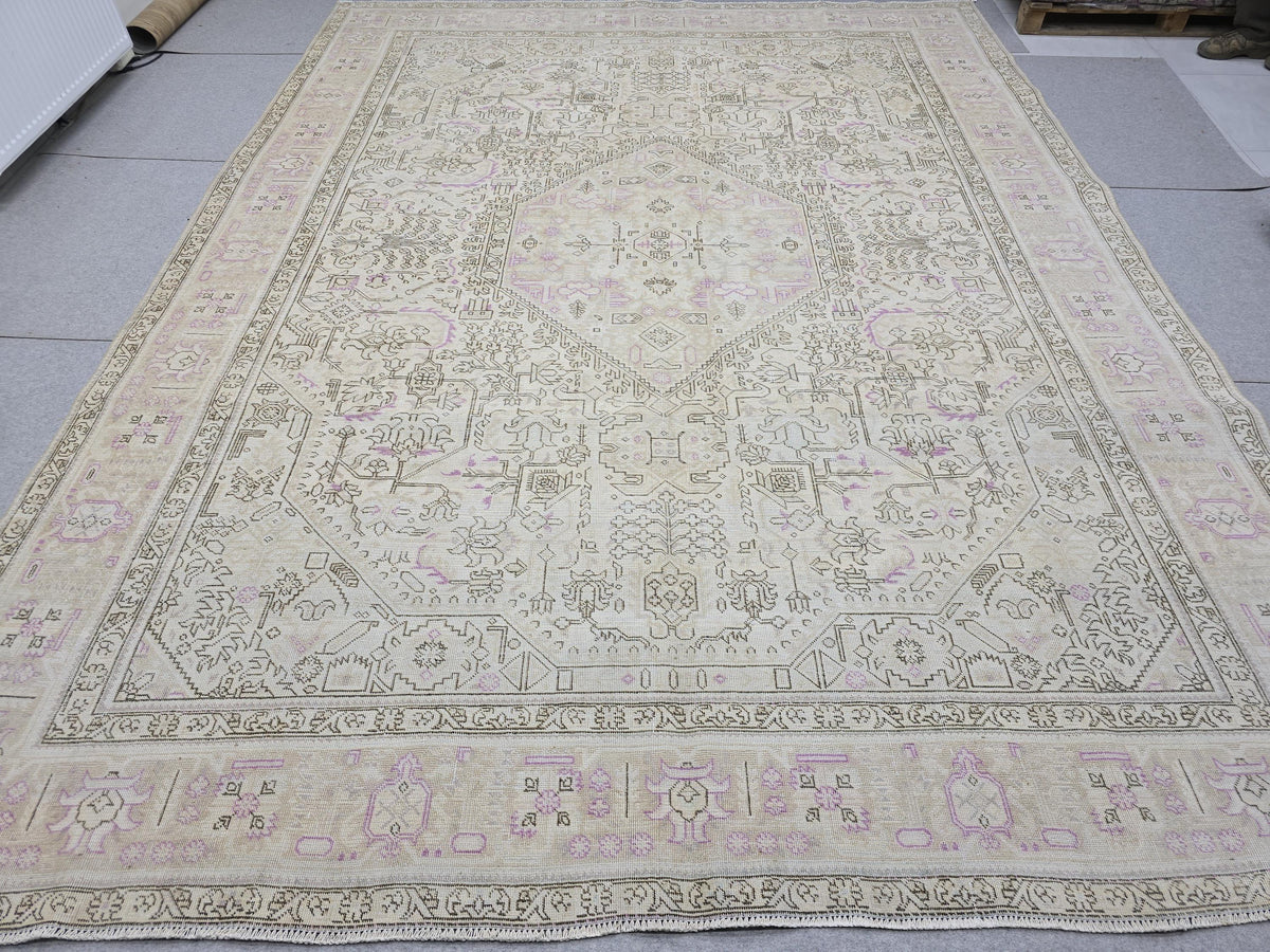 Oushak Wool Area Rug: 9x12 Light Pink Beige Turkish Rug