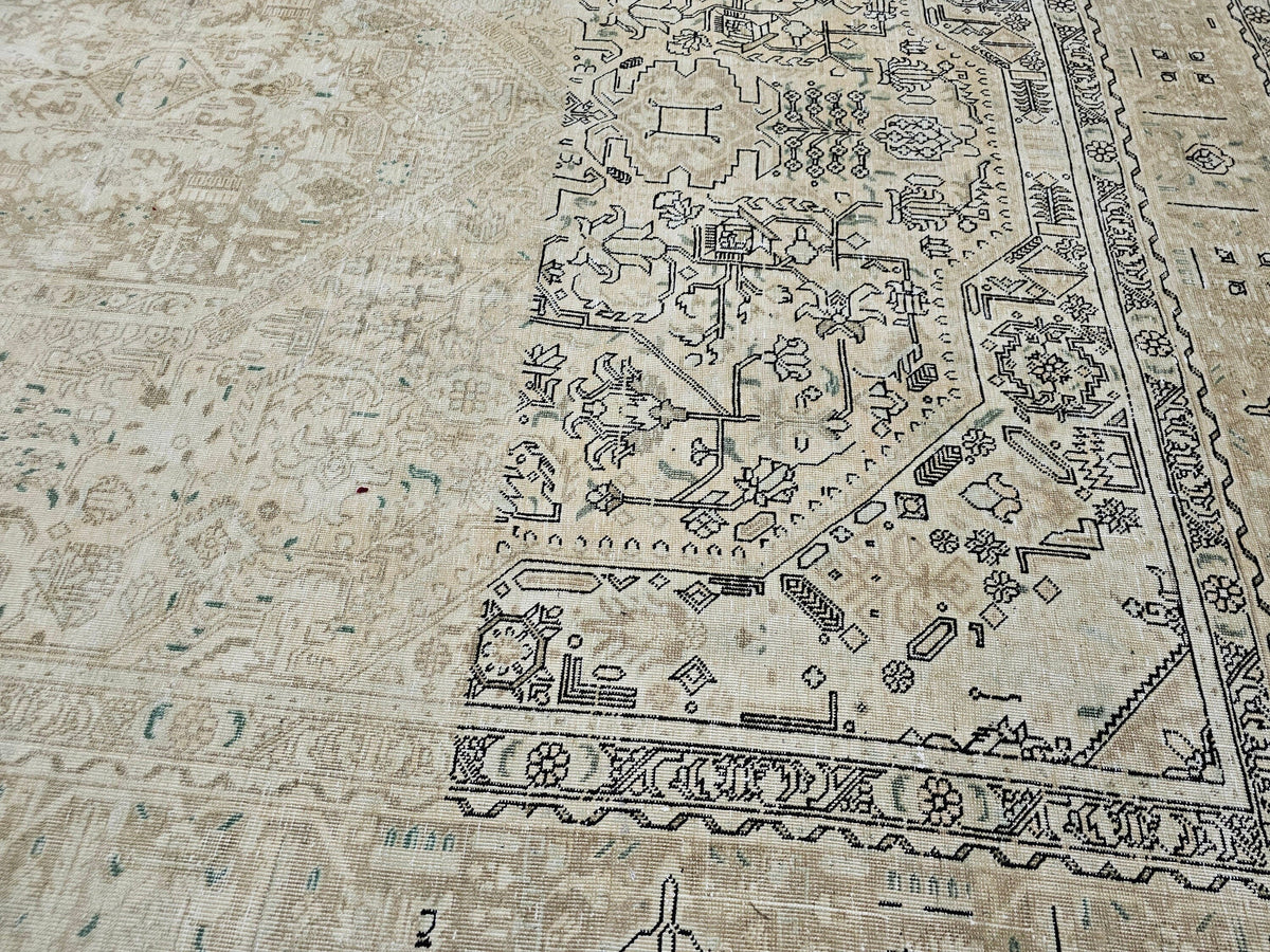 9x12 Neutral Oushak Area Rug:  Handmade Vintage Turkish Geometric Area Carpet