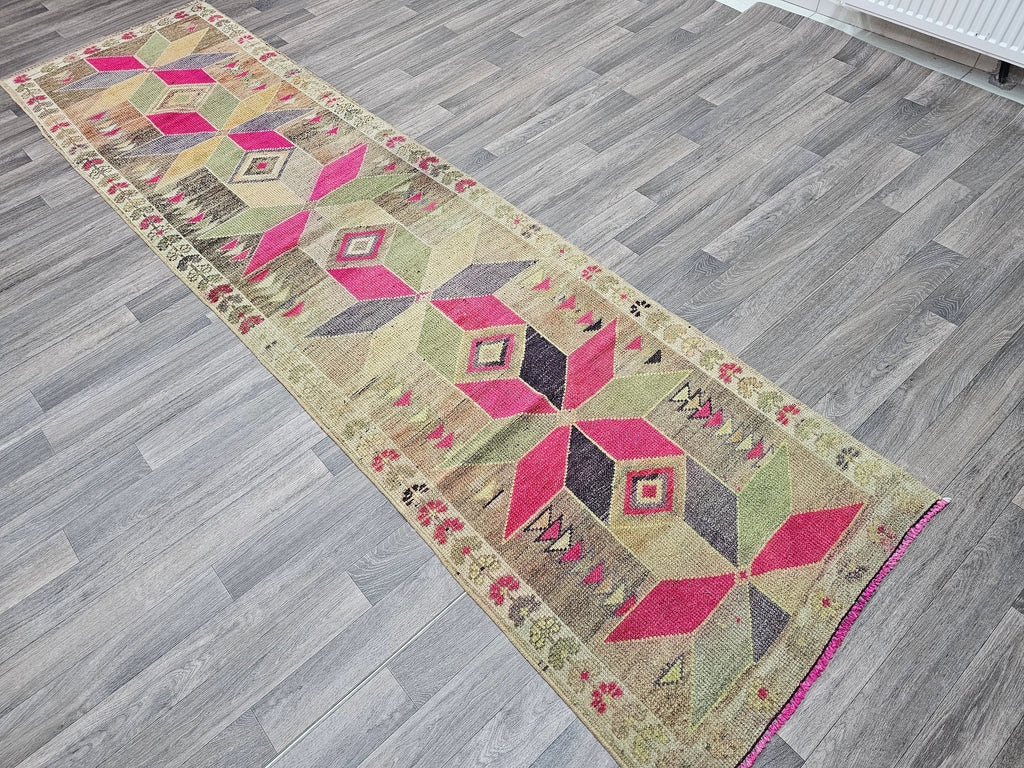 Vintage Wool Runner Rug: 3x11 Herki Turkish Hallway Rug