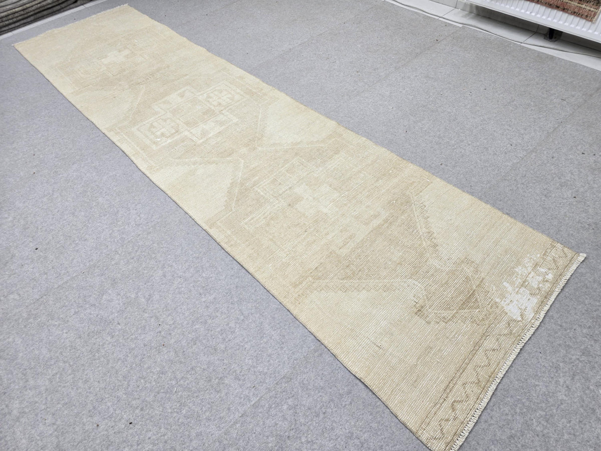 Turkish Rug 3x12 Narrow Runner, Parchment Beige Wool Rug, Extra Long Galley Kitchen Carpet,  Vintage Hallway Runner Rug, Coastal Decor Rug