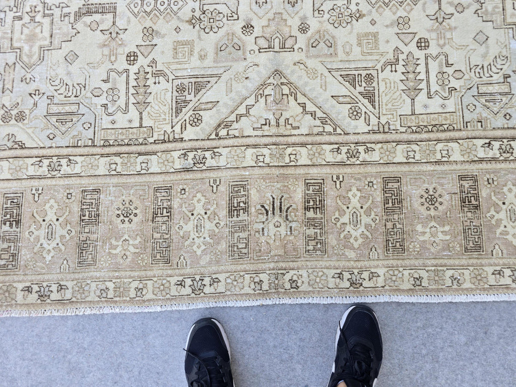 Turkish Rug 10x12, Faded Neutral Tribal Area Rug, Distressed Vintage Wool Carpet, Beige All Over Geometric, Boho Living Room