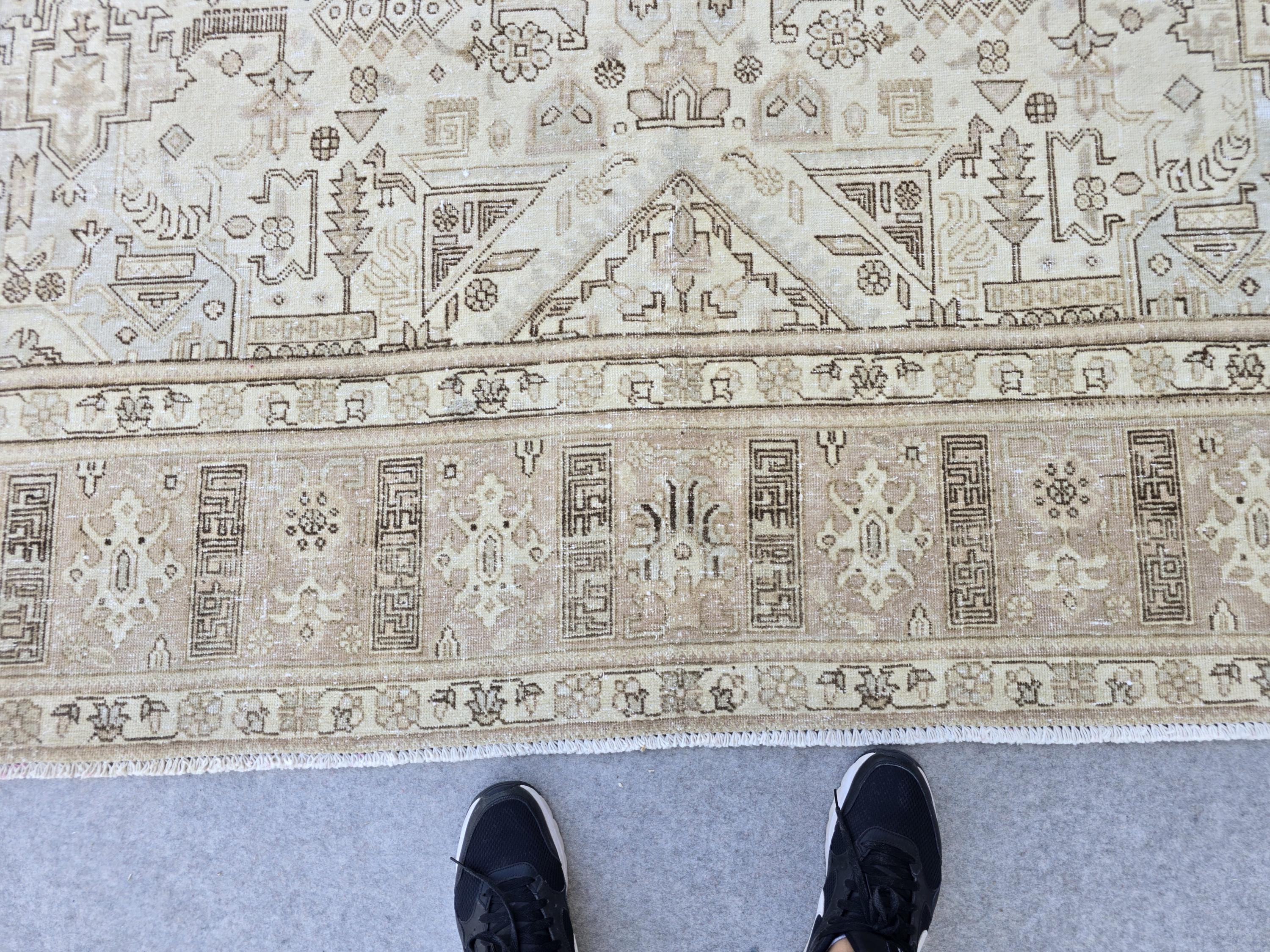 Turkish Rug 10x12, Faded Neutral Tribal Area Rug, Distressed Vintage Wool Carpet, Beige All Over Geometric, Boho Living Room