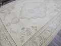 Vintage Handwoven Wool Turkish Rug 9x12: Cream Floral Medallion