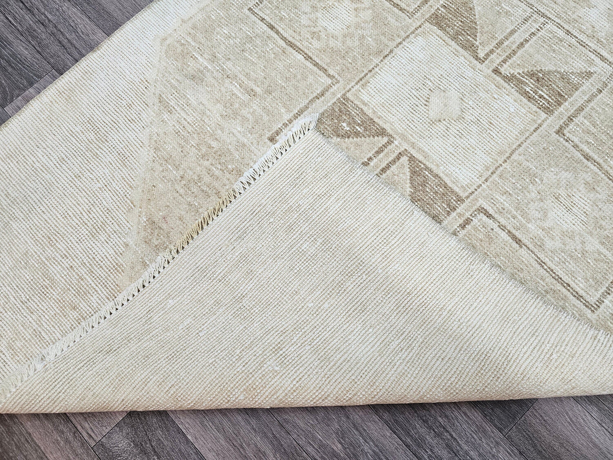 Vintage Turkish Oushak Wool Runner Rug: Neutral Faded Hallway Aisle Rug