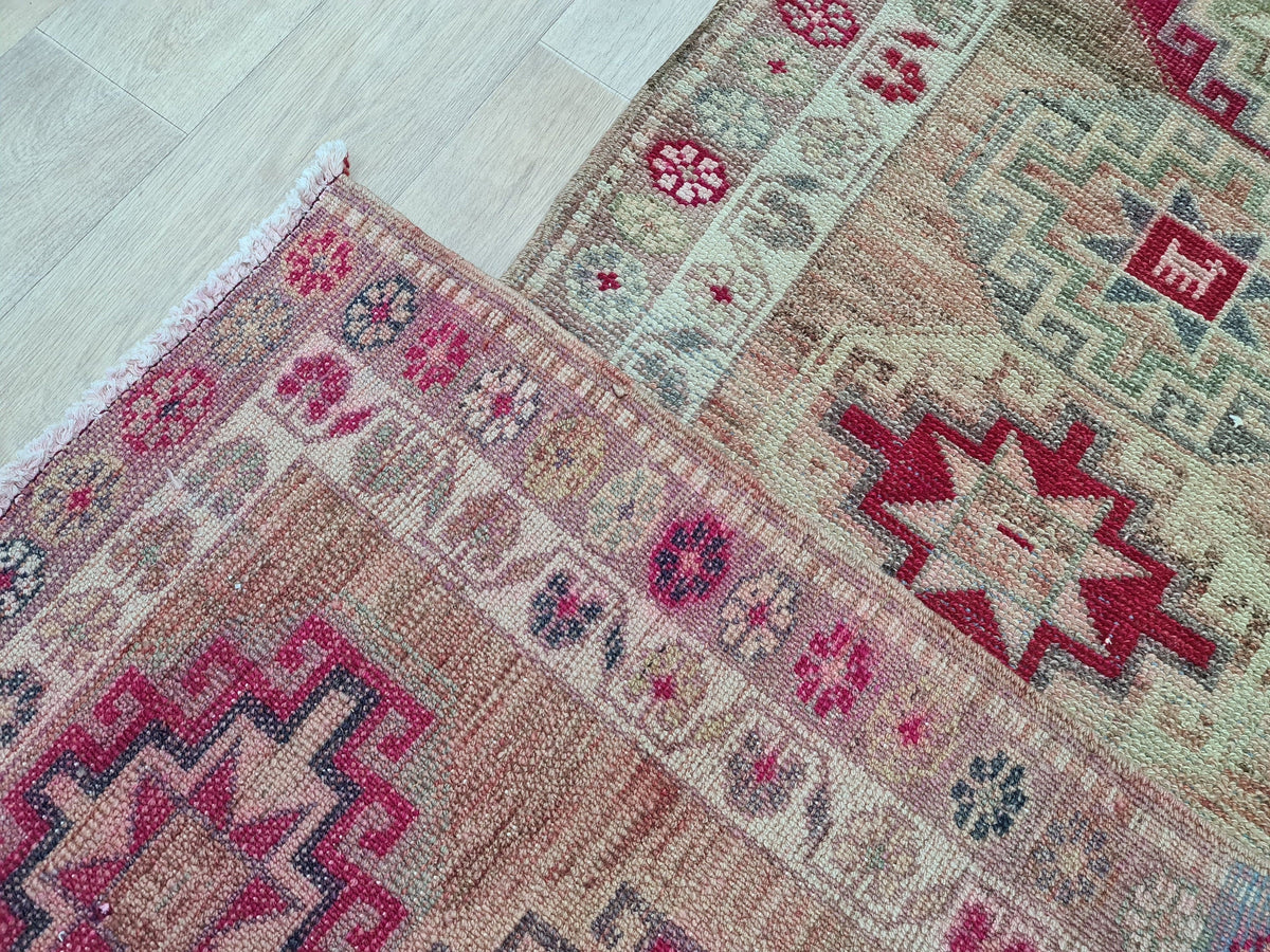 Hand Woven Wool Runner Rug: Vintage Oushak Herki Design (2.85x11.8 feet)