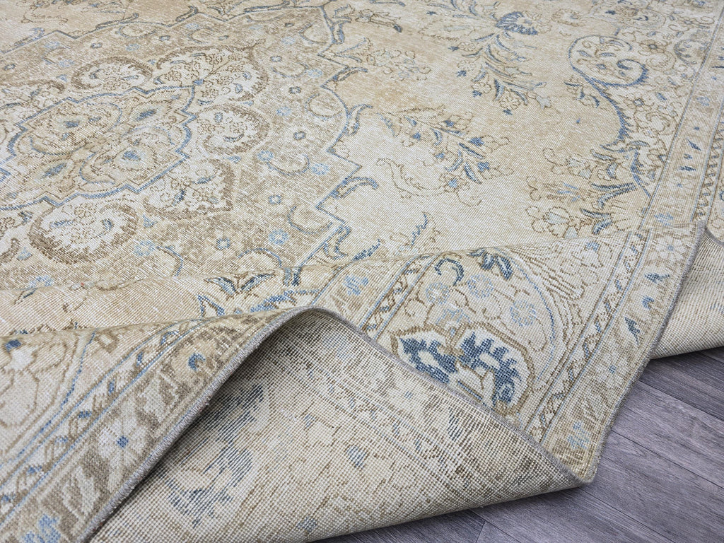 Vintage Turkish Oushak Rug: 10x13 Beige & Blue Handknotted Wool Carpet