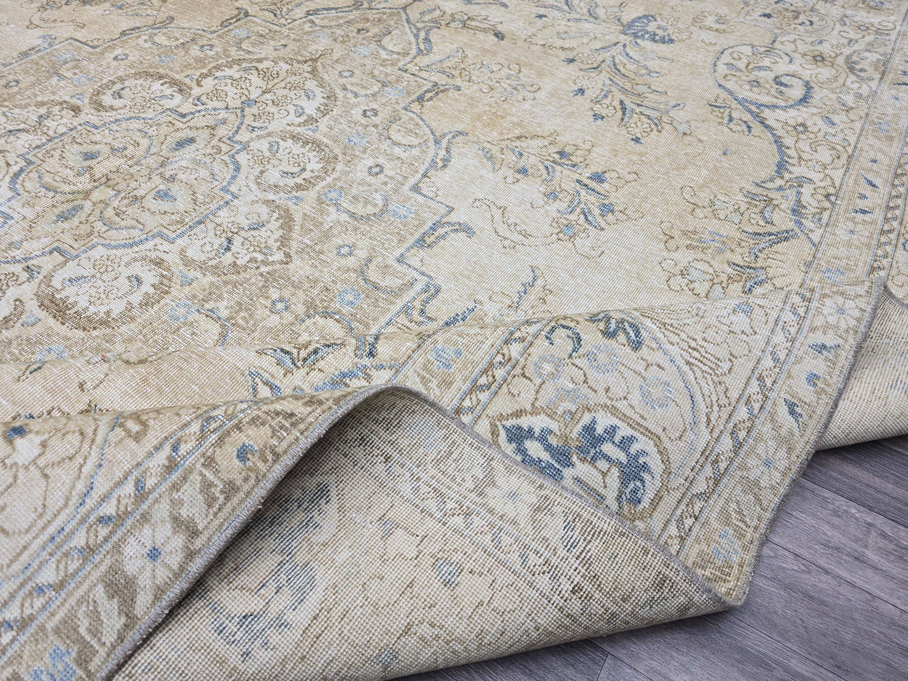 Vintage Turkish Oushak Rug: 10x13 Beige & Blue Handknotted Wool Carpet