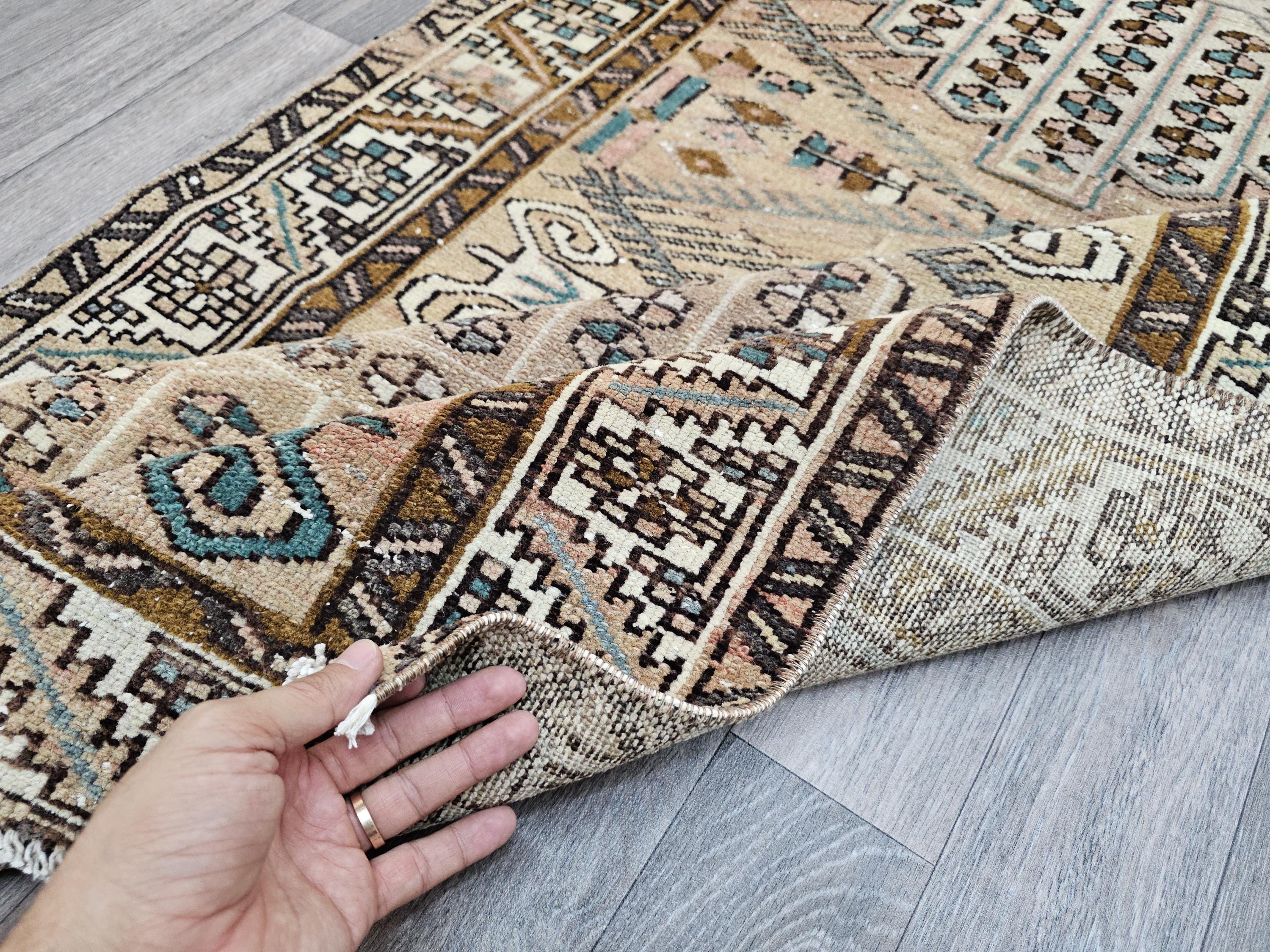Wide Turkish Wool Runner Rug: Hand Woven Vintage Hallway Rug (3.14x10.35 ft)