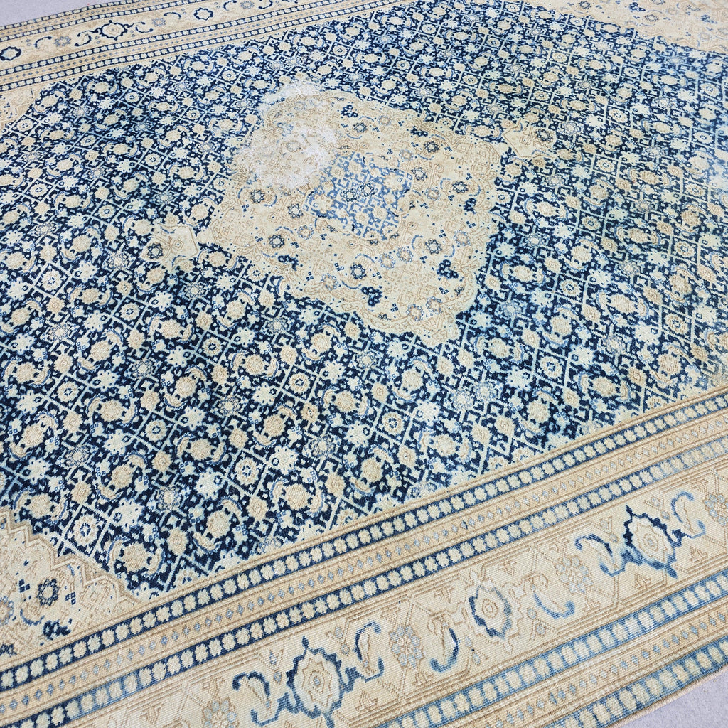 Wool 9x12 Oushak Rug -  Hand Knotted Wool Turkish Area Carpet Geometric Beige Blue