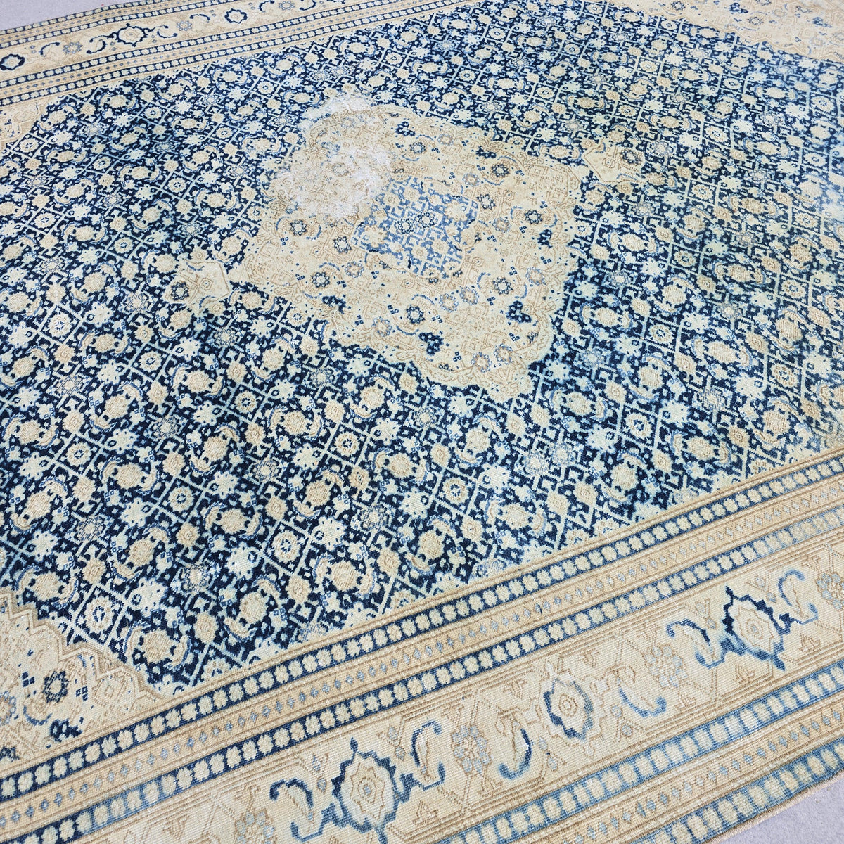 Wool 9x12 Oushak Rug -  Hand Knotted Wool Turkish Area Carpet Geometric Beige Blue