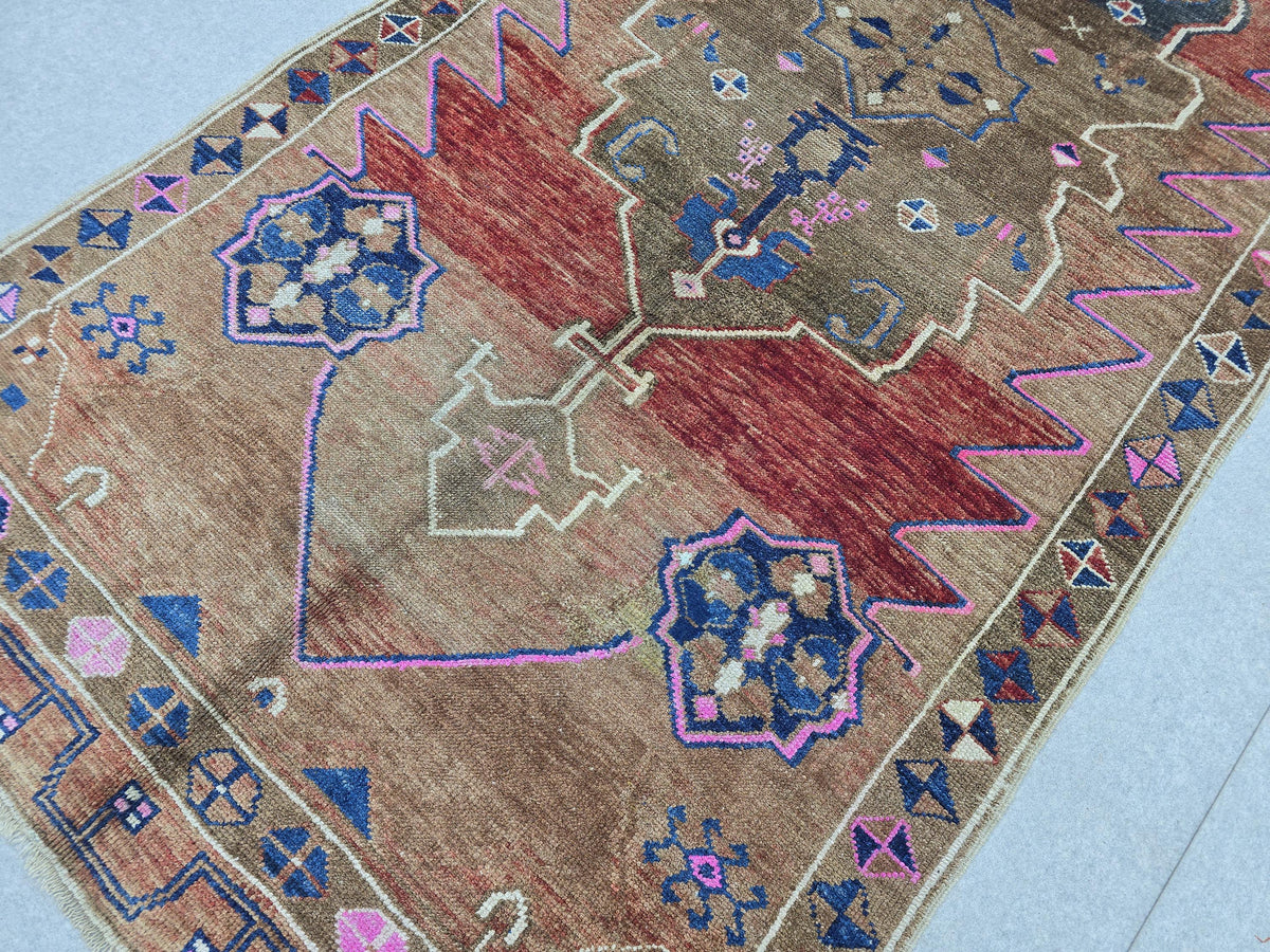 Turkish Oushak Rug 5x13, Vintage Wide Runner Rug, Hand Knotted Wool Kars Rug,  Anatolian Hallway Rug, Brown Red Boho Living Room Carpet