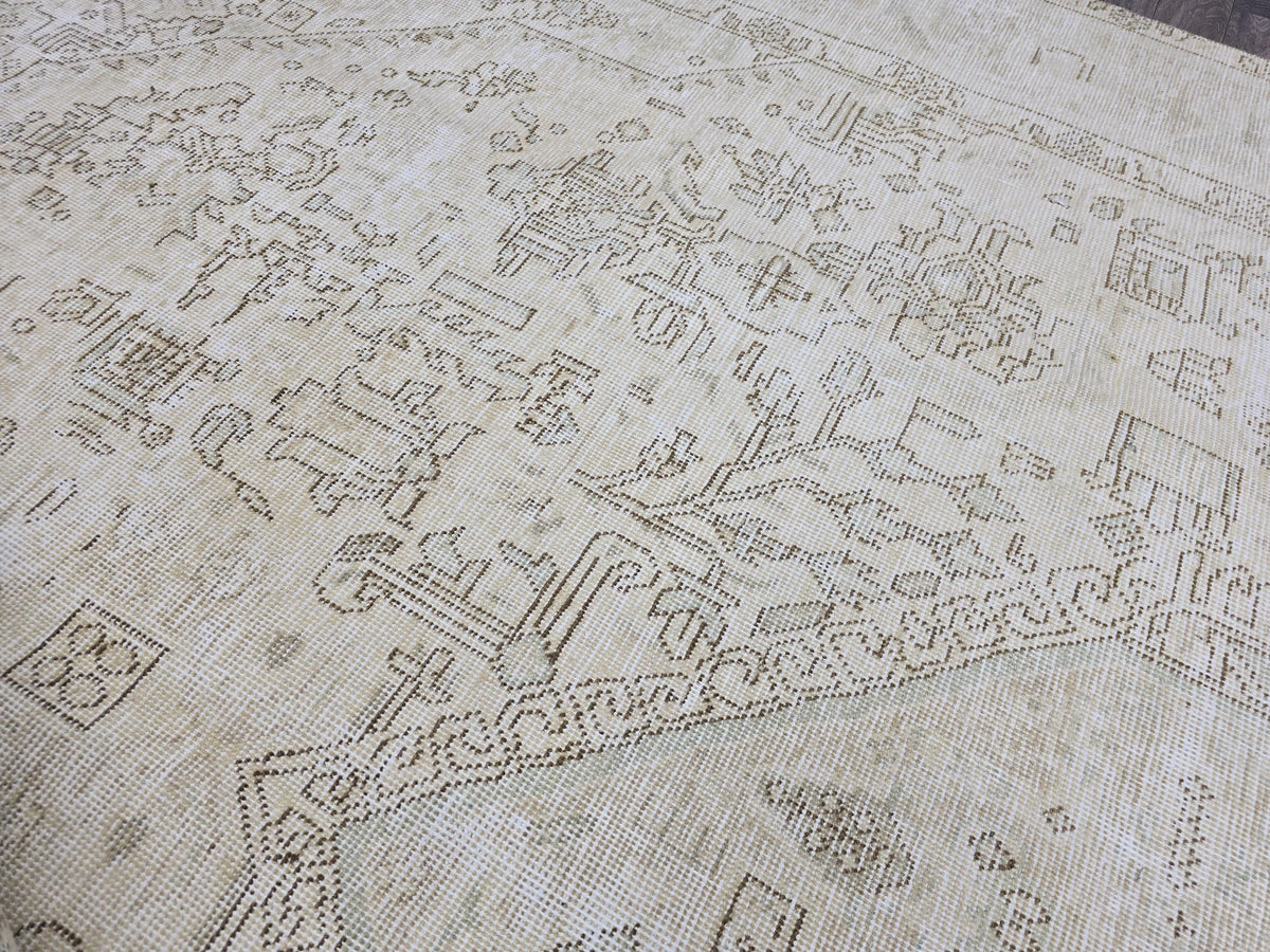 Oversize Neutral Oushak Rug: 9.25x12.8 ft Distressed Turkish Wool Carpet