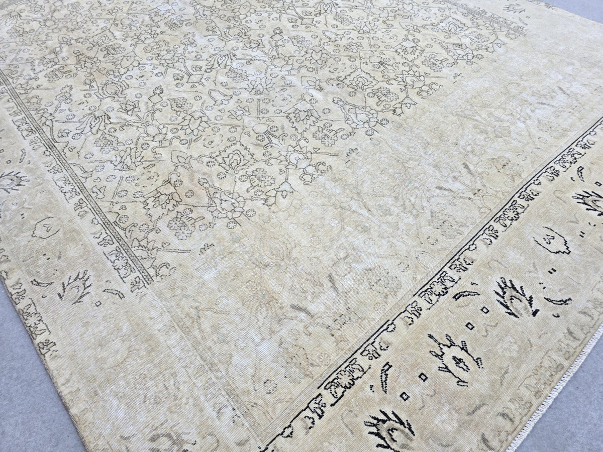 Turkish Rug 10x12, Faded Wheat Beige Wool Area Rug, Neutral All Over Floral Carpet for Living Room, Dining Room, Boho Rustic Decor