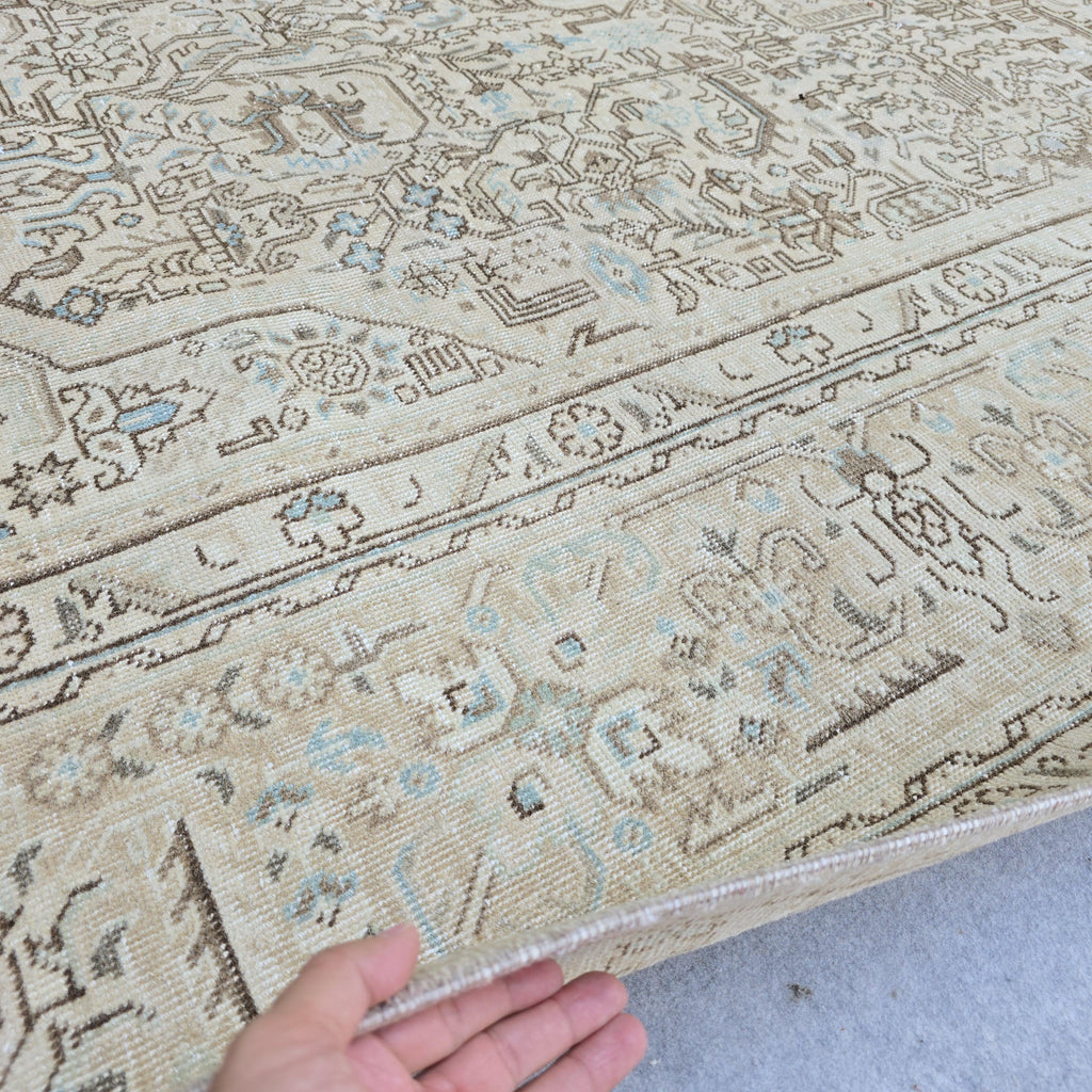 Oushak Rug 8x11 Muted Beige Heriz Medallion Hand Knotted Vintage Wool Area Carpet