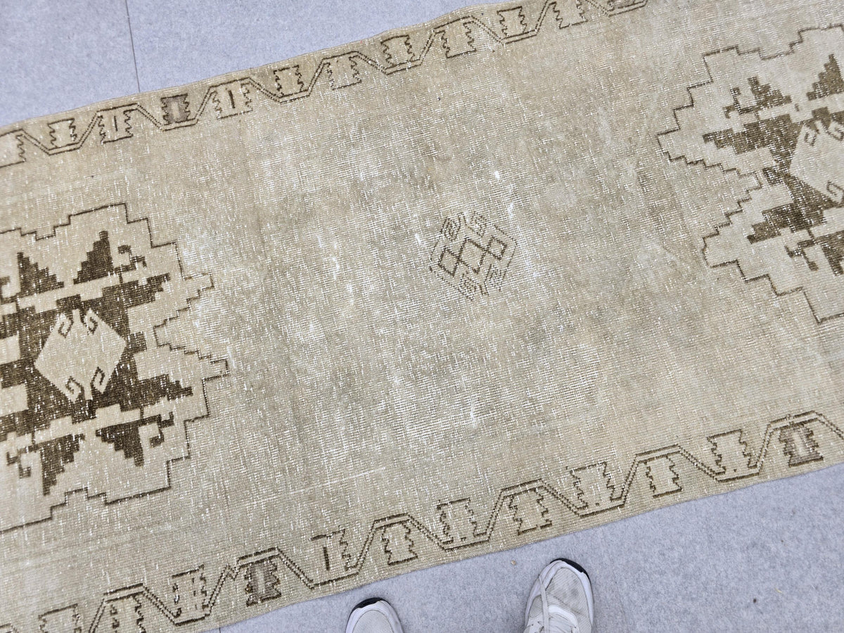 Turkish Rug 3.5x10 Runner, Wheat Brown Wool Rug for Entryway, Tribal Star Medallion Carpet, Neutral Stair Runner, Rustic Dining Decor