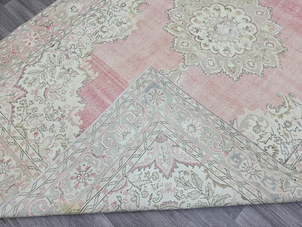 Pink Turkish Rug 7x11 Vintage Oushak Area Rug Distressed Medallion Living Room Large Carpet