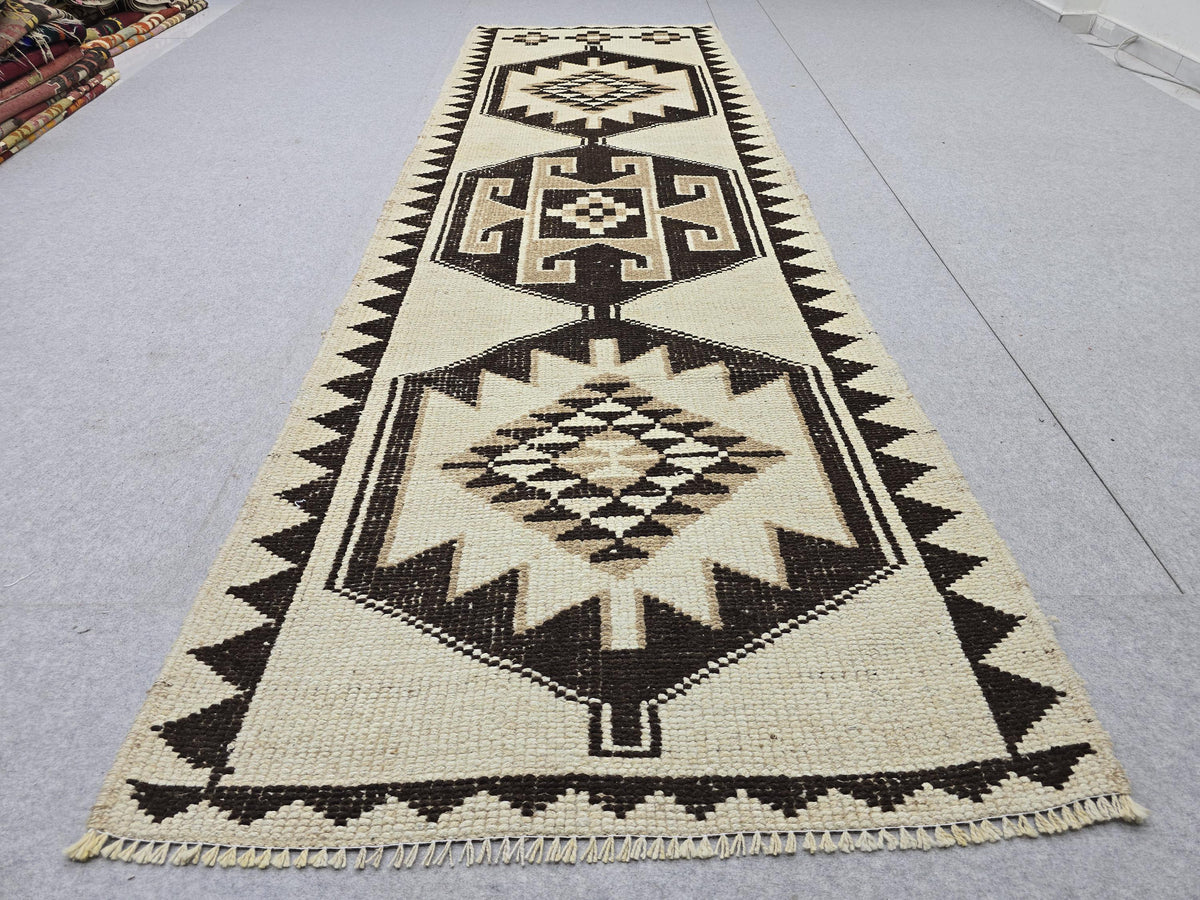 3x10 Vintage Turkish Runner Rug 3x10, Hand Knotted Tribal Wool Runner, Cream Brown Hallway Rug, Anatolian Oushak Runner, Boho Kitchen Runner