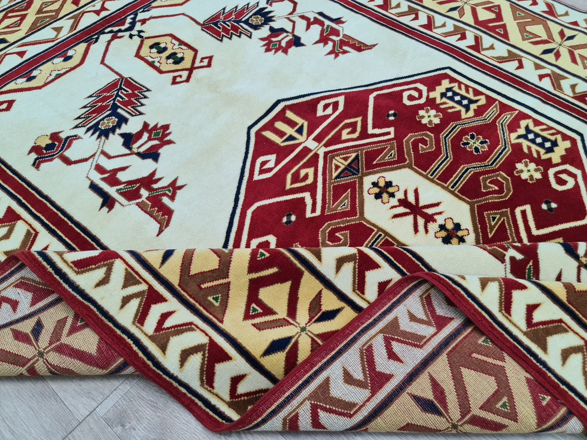 Hand Knotted Wool Rug: 6x9 Vintage Turkish Oushak Geometric Rug