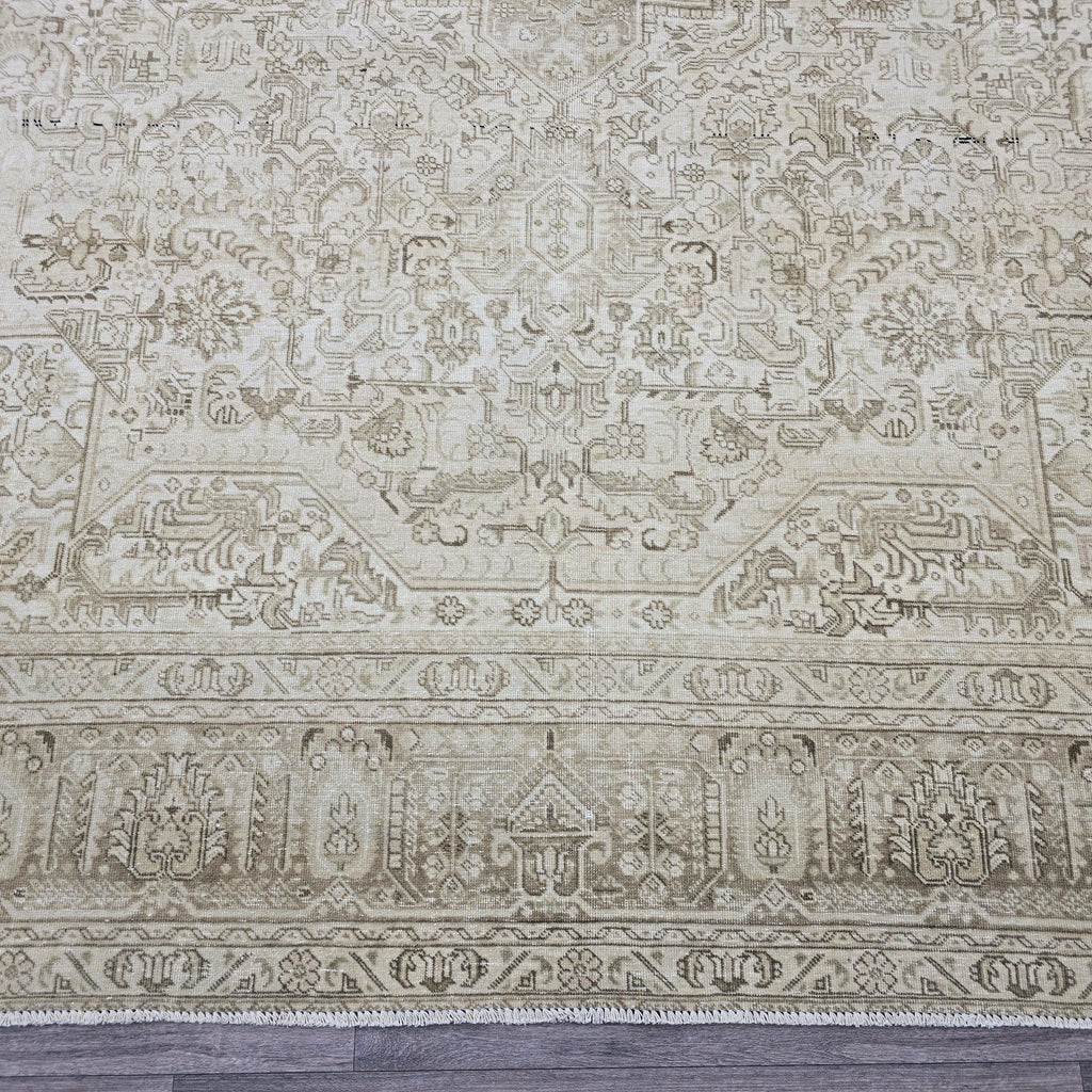 9x12 Hand-Knotted Oushak Rug: Neutral Distressed Vintage Turkish Carpet