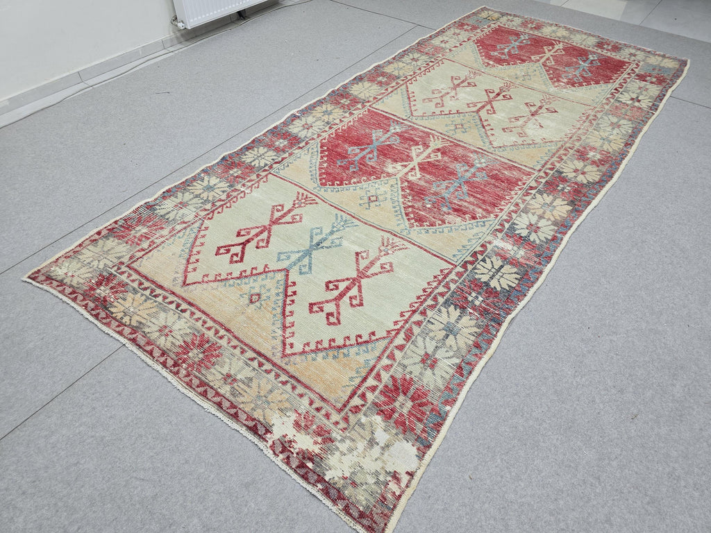 Oushak Rug 5x12, Antique Red Cream Distressed Wool Area Rug, Faded Panel Medallion Anatolian Wide Runner, Boho Farmhouse Living Room Decor
