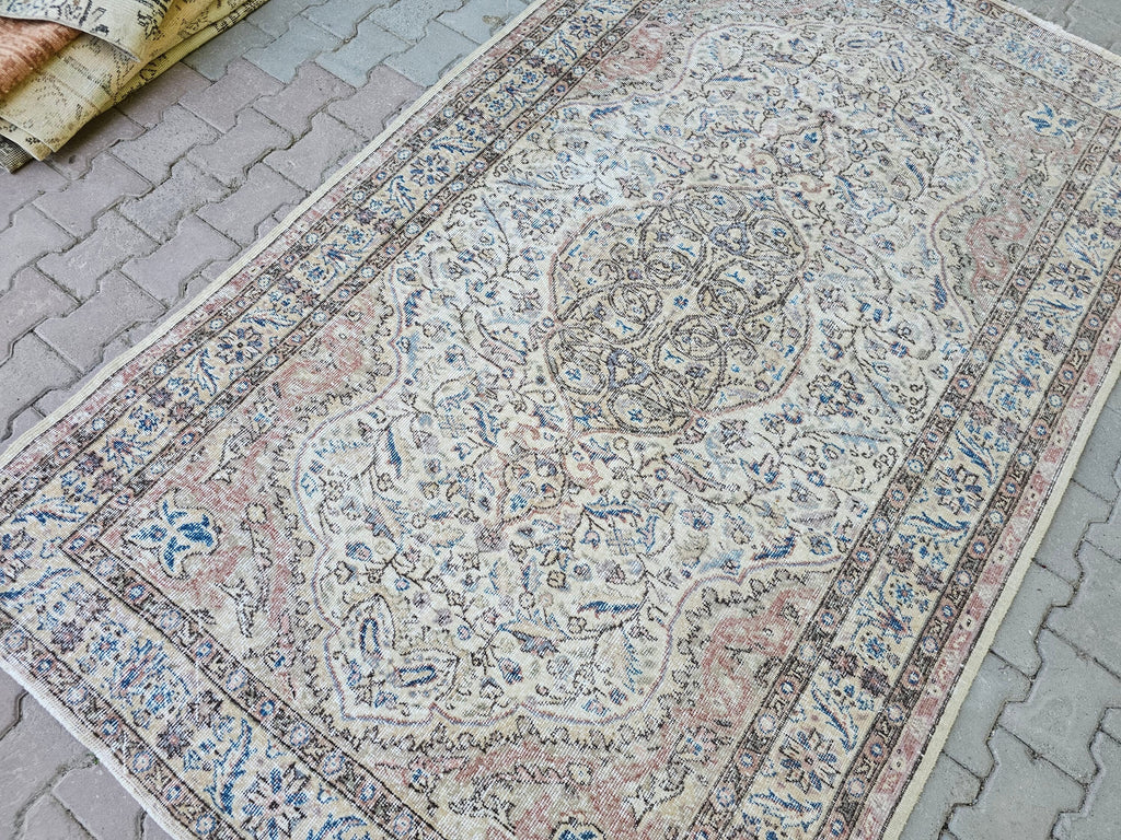 5x8 Turkish Oushak Rug: Faded Vintage Wool Area Rug