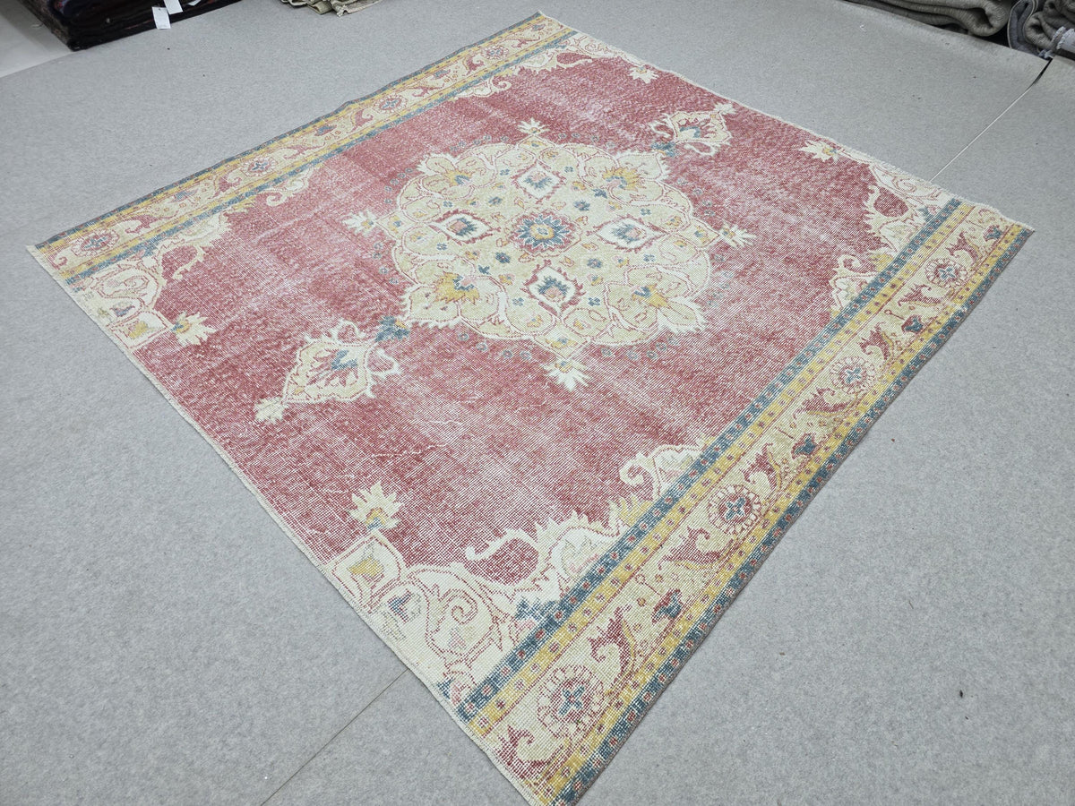 Turkish Rug 7x7, Vintage Pink Medallion Area Rug, Square Hand Knotted Wool Carpet for Living Room, Faded Rose Oushak Style