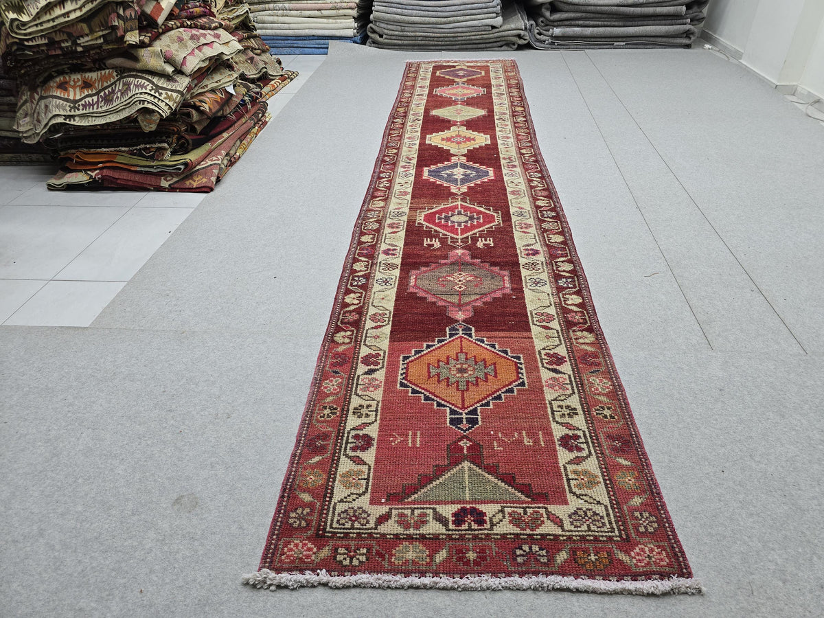 3x14 Vintage Wool Runner Rug for Kitchen and Long Hallway - hand Knotted Turkish Runner Rug - Muted Pastel Color Oushak Runner for Stairs