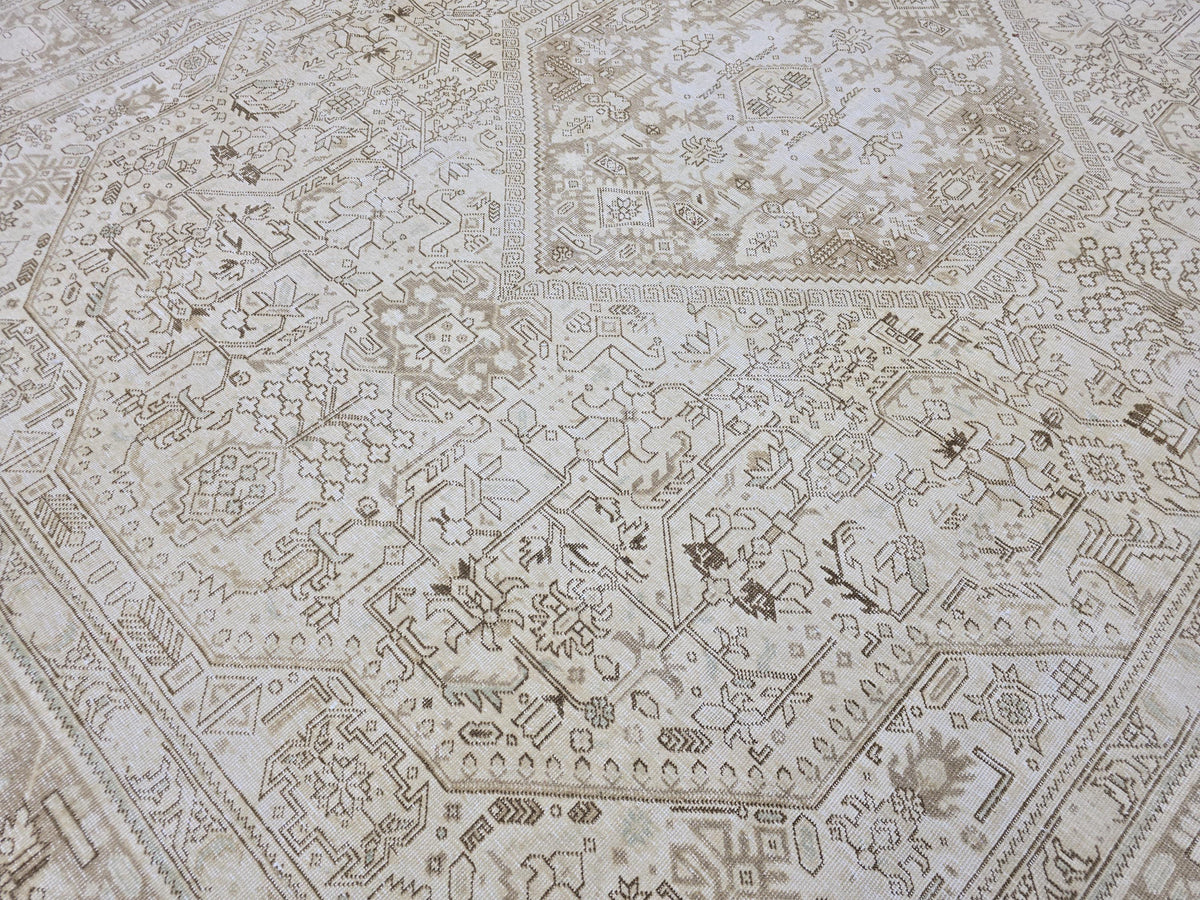 10x12 Ivory Anatolian Rug: Large Wool Oushak Geometric Carpet