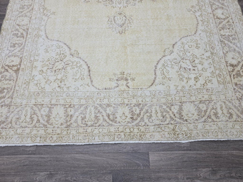 7x10 Vintage Turkish Oushak Rug 7x10: Neutral Medallion Turkish Carpet beige brown
