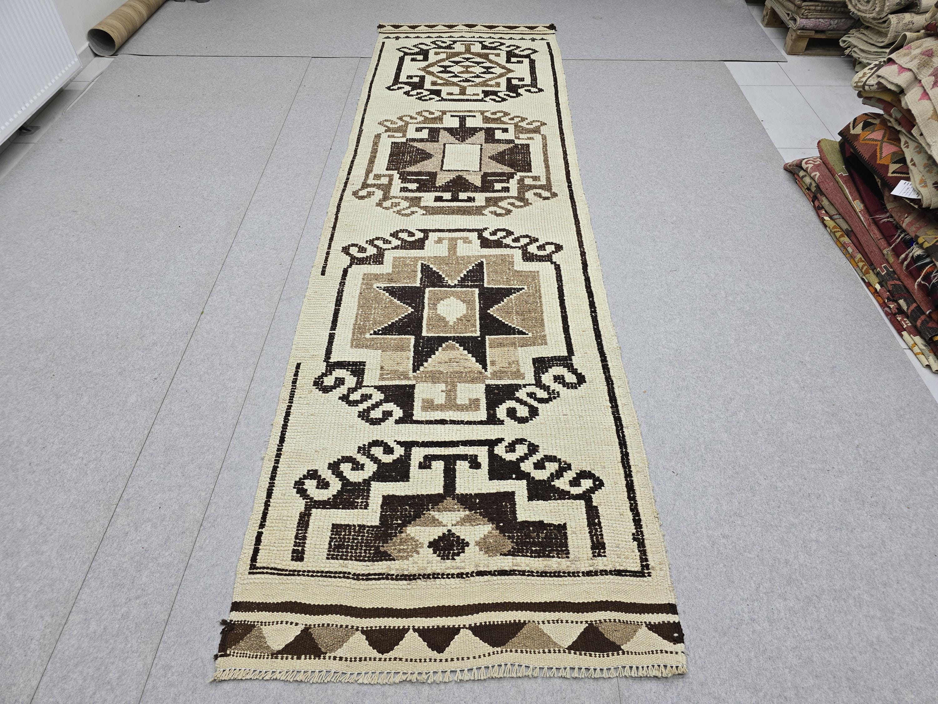 Vintage Anatolian Wool Runner, Hand-Knotted Tree of Life, Cream Brown Boho Hallway Rug