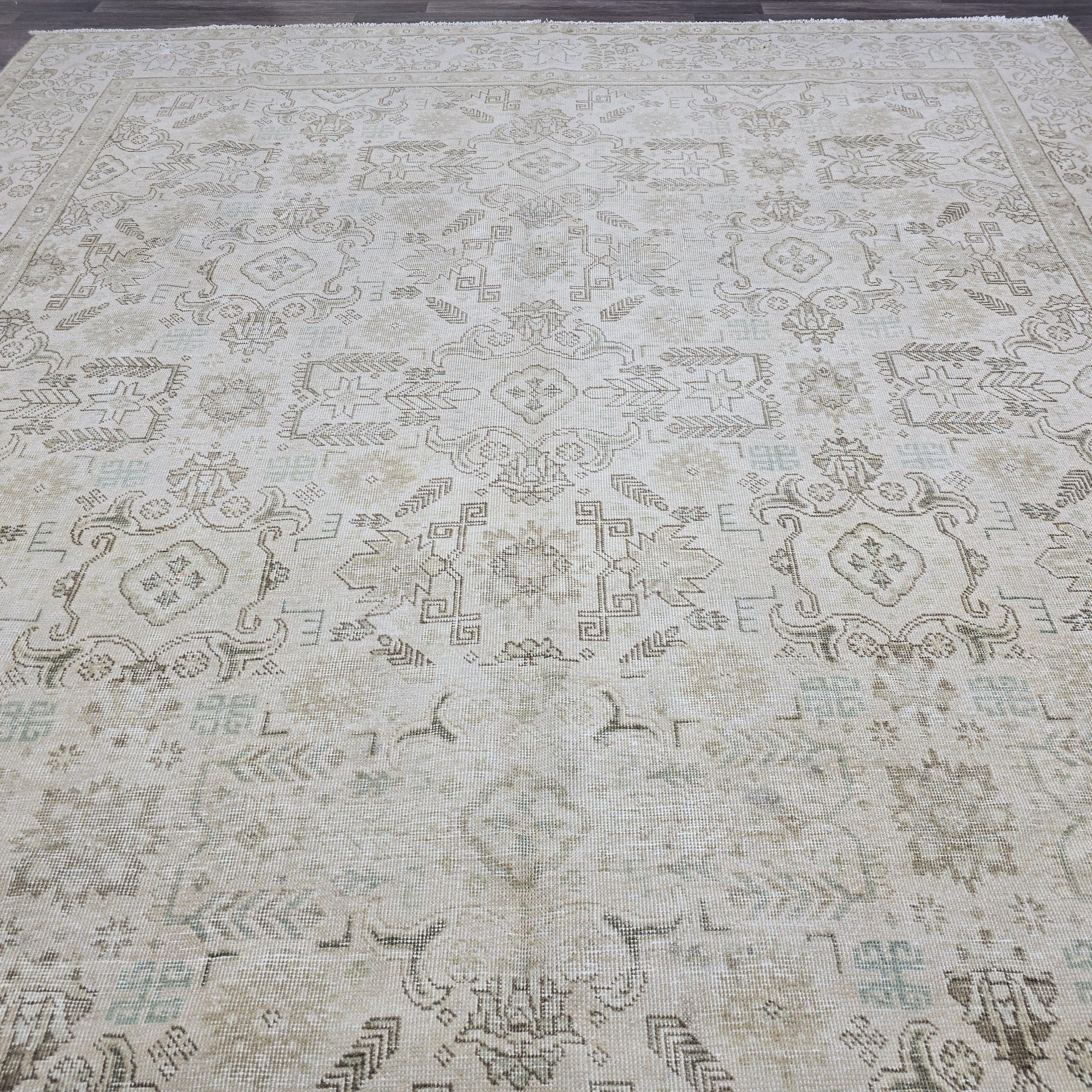 Oushak Rug 9x13: Hand Knotted Wool Area Rug, Distressed Neutral Turkish Carpet (9.4x12.7 ft.)