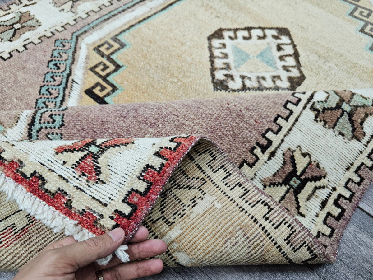 4x14 Vintage Turkish Runner Rug: Handmade Wool Oushak Carpet