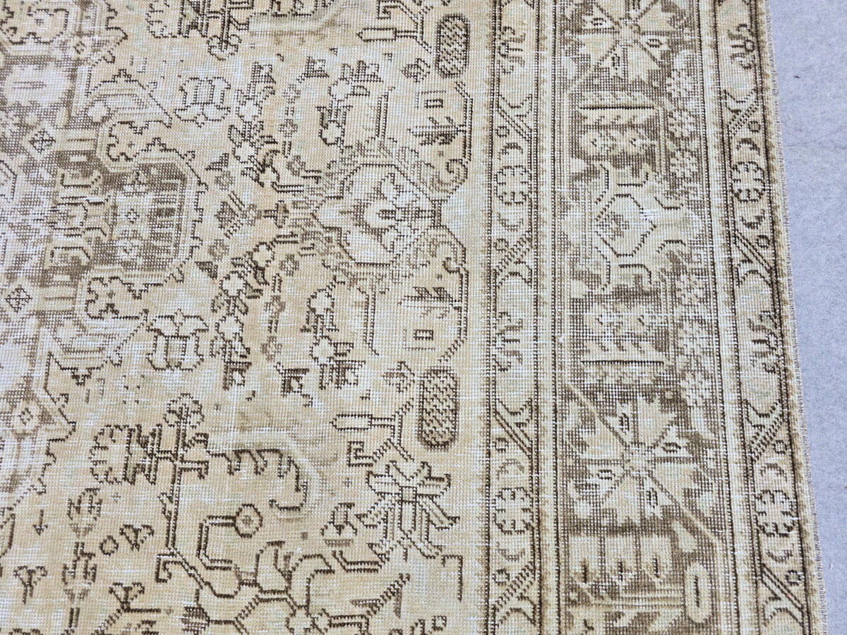 Vintage Turkish Rug, Neutral Beige 8x11 Area Rug, Handwoven Distressed Medallion Rug