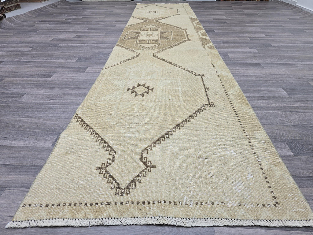 Vintage Anatolian Runner Rug: Cream Beige Wool Hallway Carpet, 3x13 Boho Rug