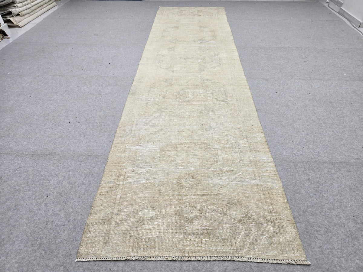 Turkish Rug 3x12 Runner, Vintage Rug for Hallway, Neutral Beige Wool Runner Rug, Cream Kitchen Rug, Boho Entryway Decor, Faded Wool Rug