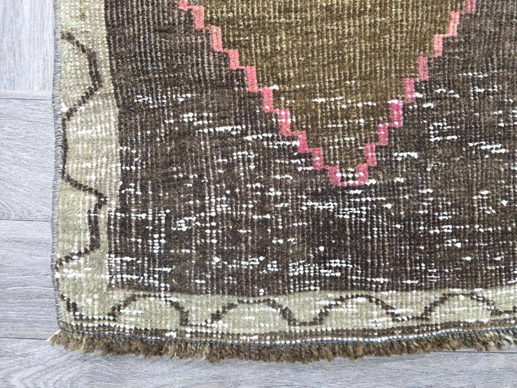 Vintage Hand-Knotted Turkish Wool Rug: Brown Tribal Medallion Entry Mat (1x3 ft)