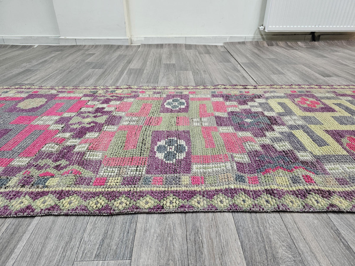 Vintage Herki Runner Rug: Hand-Knotted Turkish Wool Hallway Rug (2.7 X 13.45 ft)