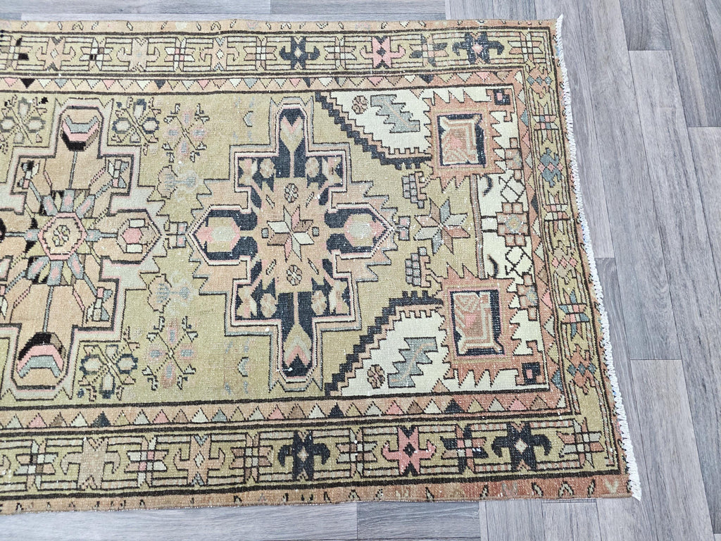 Hand Knotted Wool Turkish Runner Rug: Vintage Geometric Design