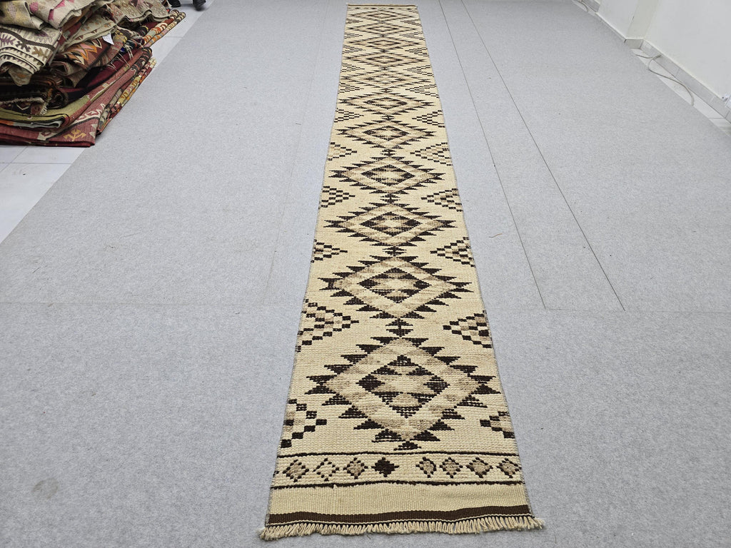 Oushak Runner 2x14, Hand Knotted Vintage Wool Extra Long Hallway Runner rug, Cream Brown Diamond Tribal Anatolian Runner, Boho runner