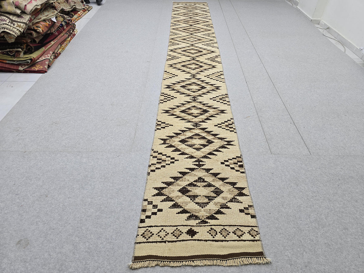 Oushak Runner 2x14, Hand Knotted Vintage Wool Extra Long Hallway Runner rug, Cream Brown Diamond Tribal Anatolian Runner, Boho runner