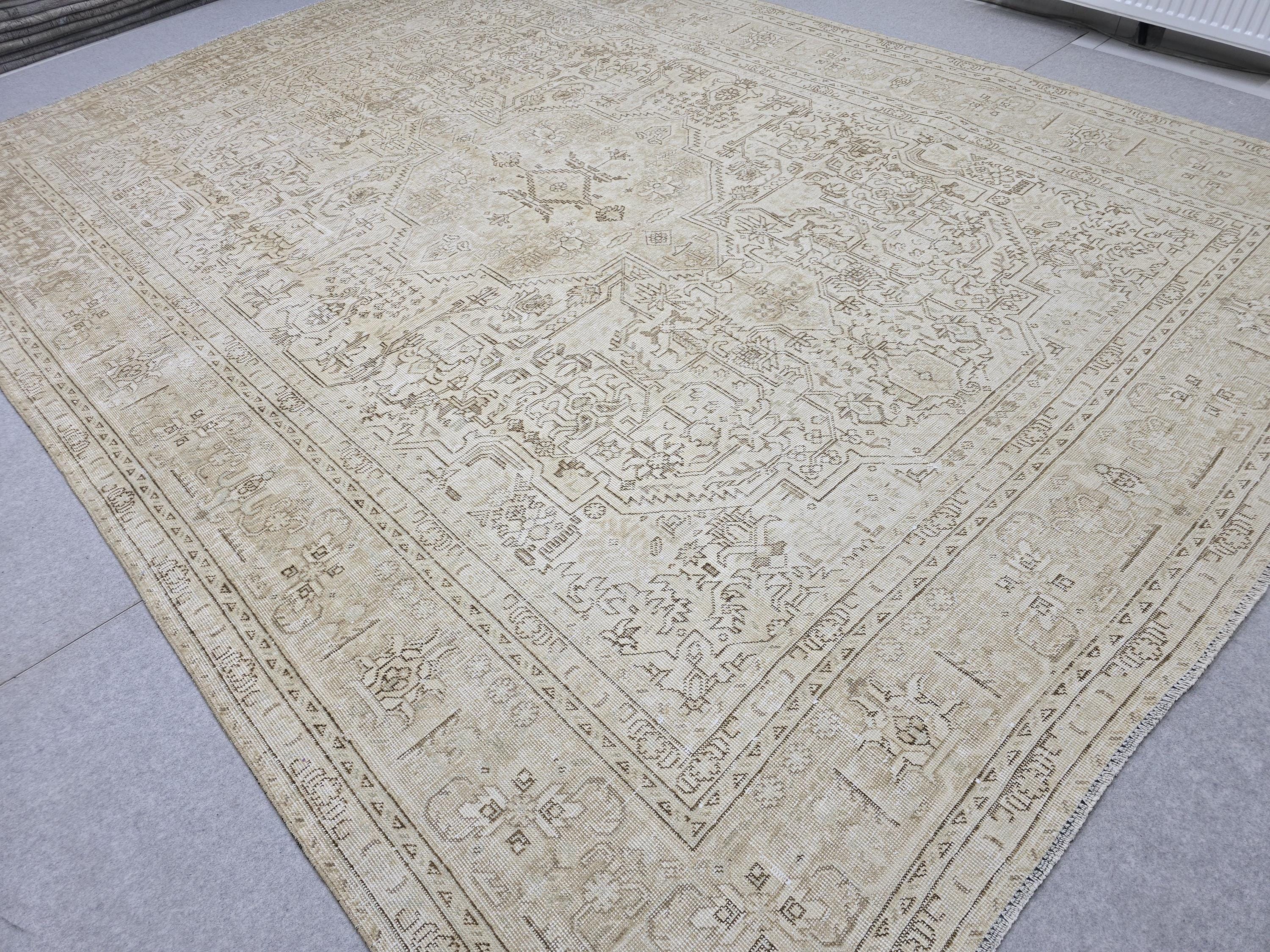 Turkish Rug 10x13, Neutral Beige Vintage Handknotted Wool Carpet, Faded Medallion Area Rug for Dining Room