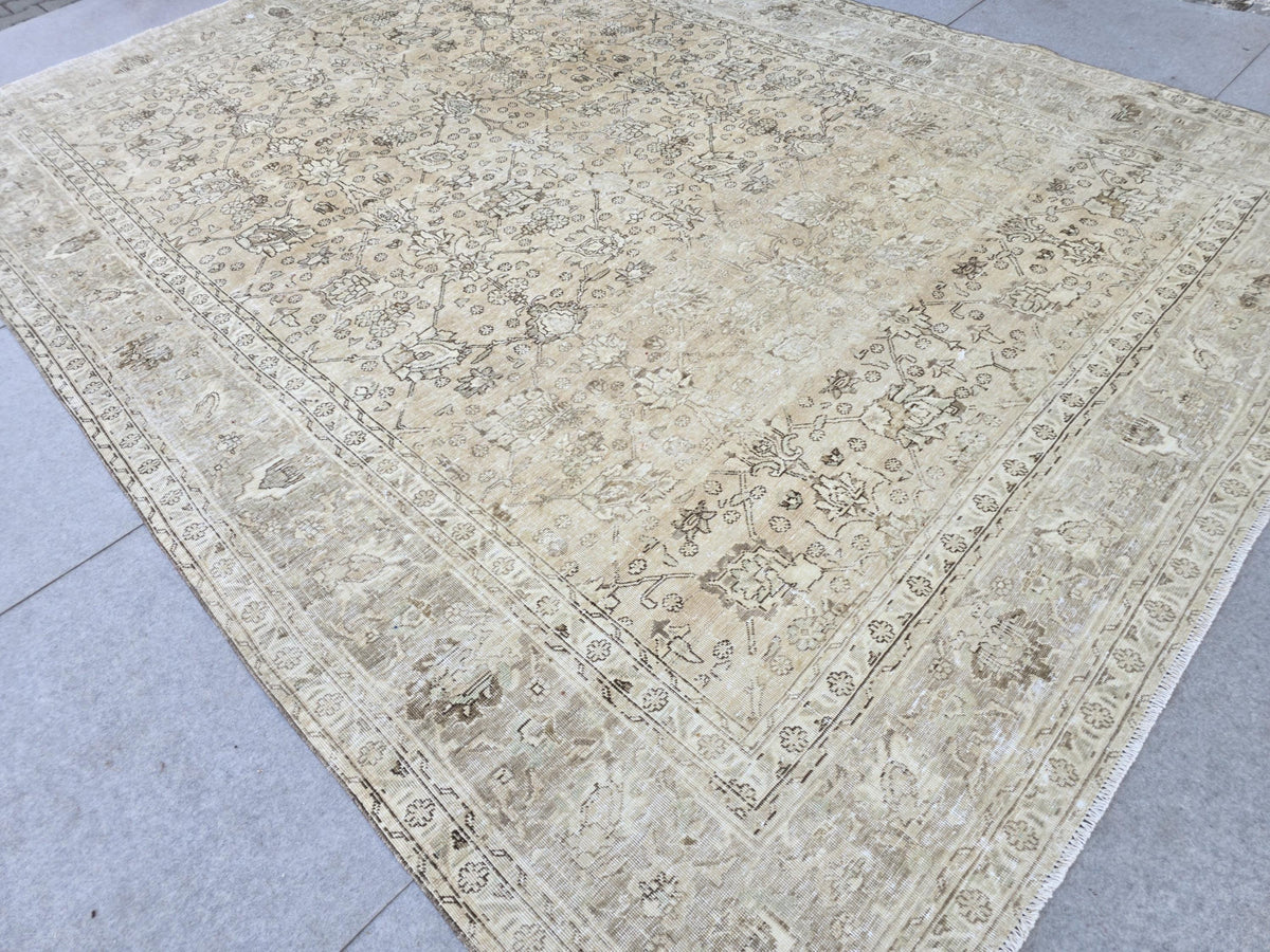 Turkish Rug 9x12 Beige  Vintage Hand Knotted Oriental Area Carpet