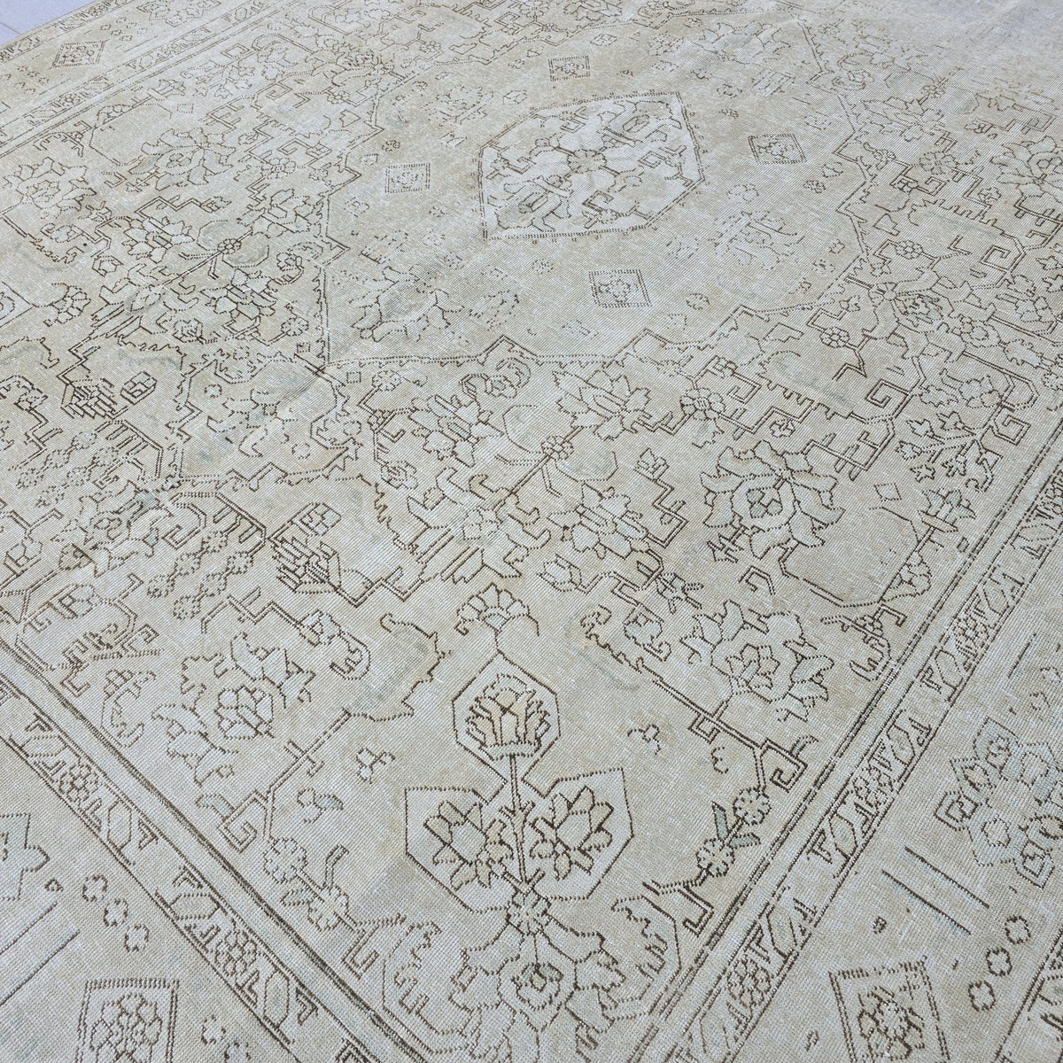 Neutral Vintage Rug 9x12 Cream Geometric Medallion Hand Knotted Turkish Wool Muted Rug
