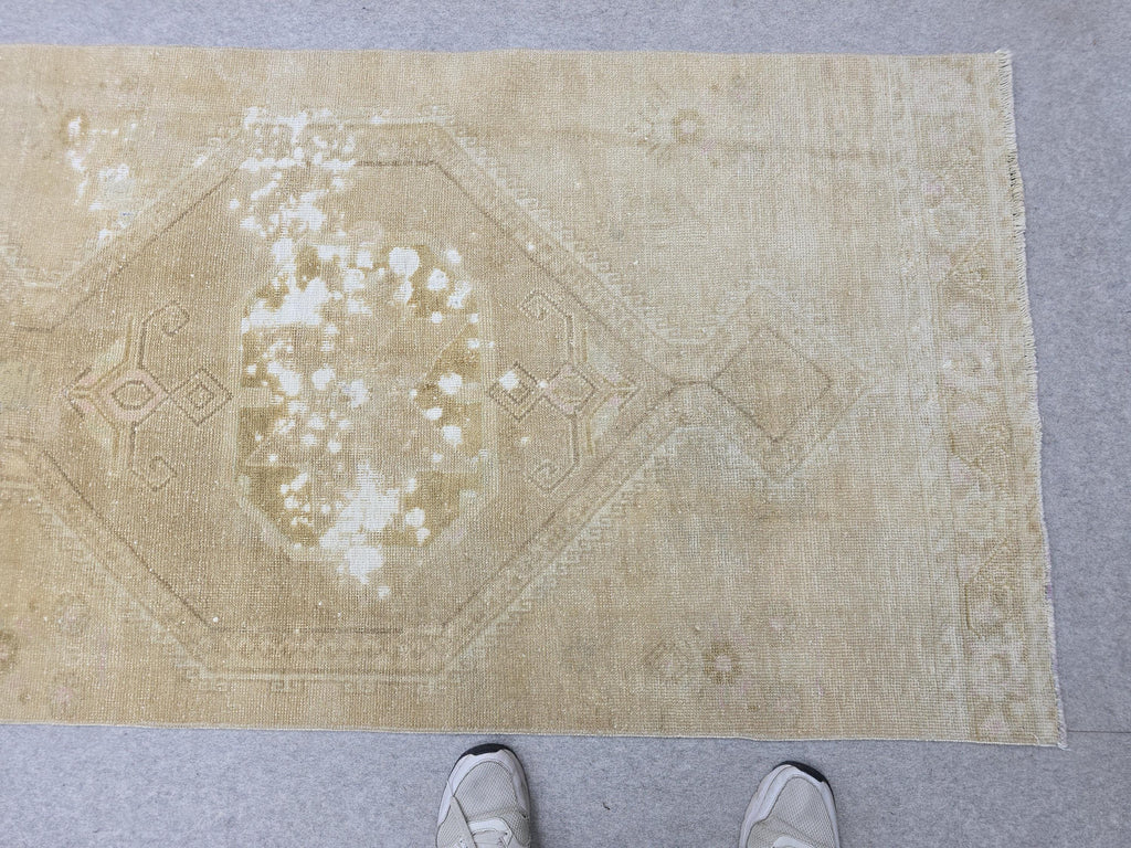 Turkish Rug 3x13, Antique Neutral Runner, Hand Knotted Wool Oushak Runner, Faded Camel Beige Hallway Carpet, Distressed Boho Stair Rug