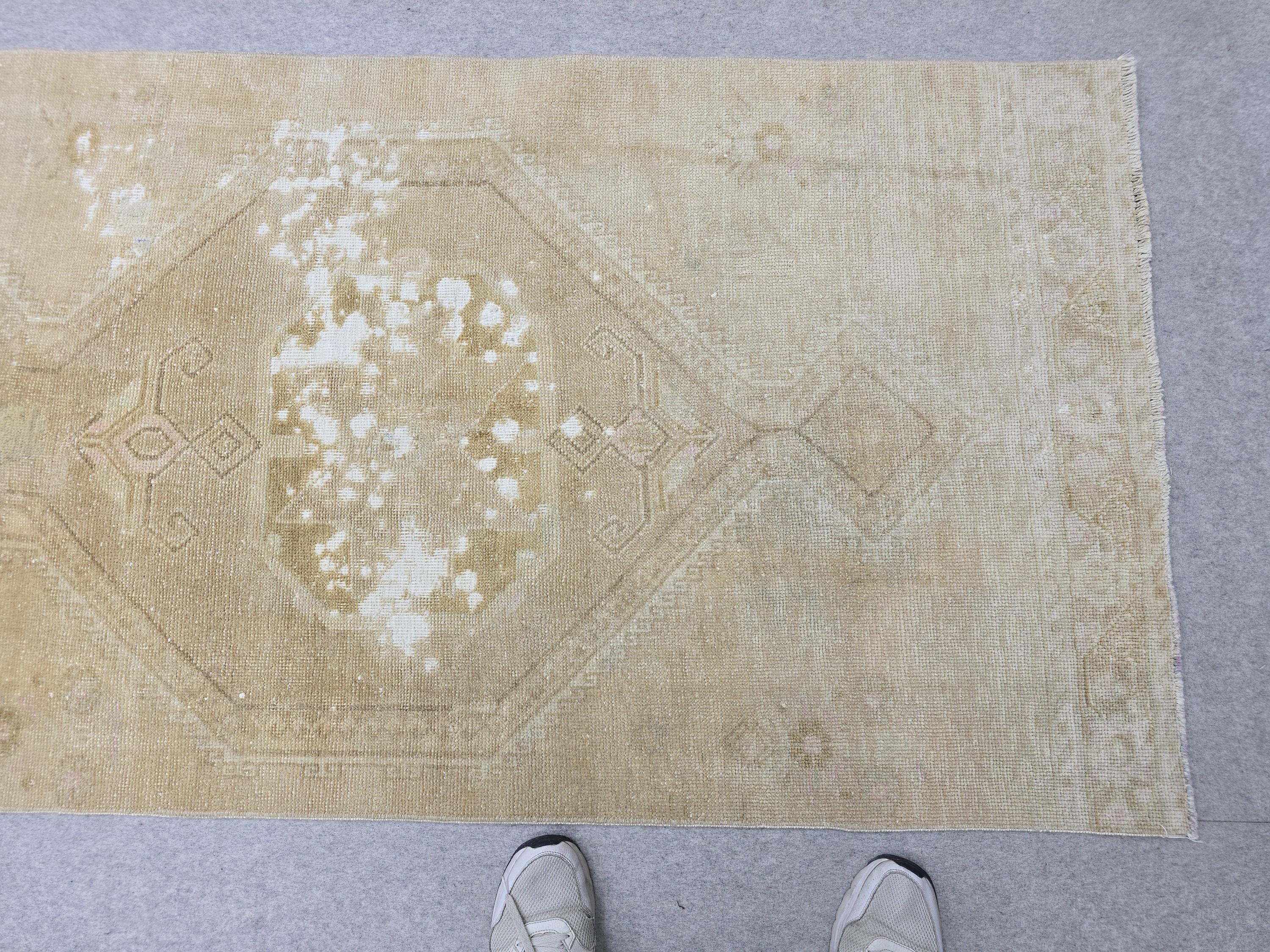 Turkish Rug 3x13, Antique Neutral Runner, Hand Knotted Wool Oushak Runner, Faded Camel Beige Hallway Carpet, Distressed Boho Stair Rug